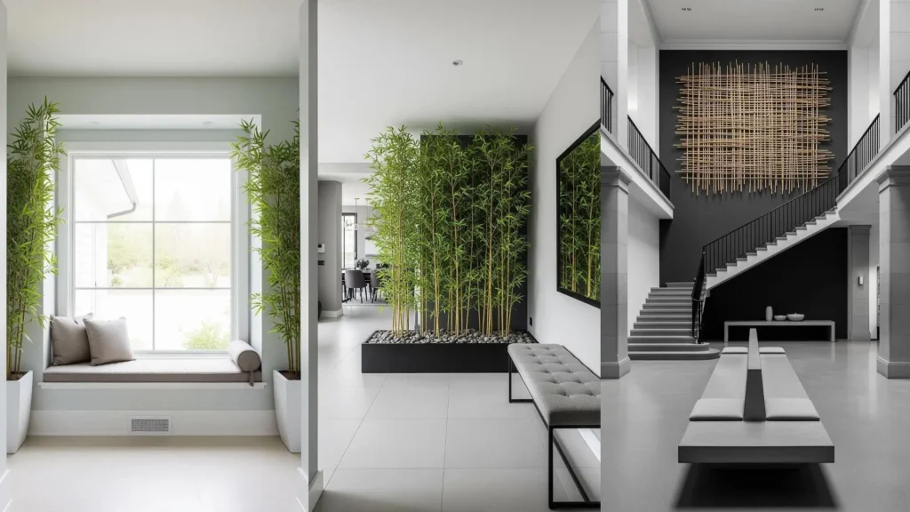 Tre ingressi moderni con bambù verde, panche basse in palette neutre e design zen rilassante.