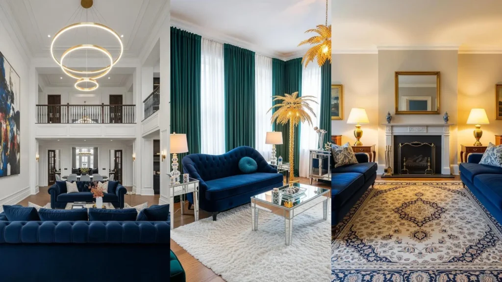Interni di lussuosi salotti con divani in velluto blu notte, arricchiti da eleganti lampade dorate per un'atmosfera sofisticata.