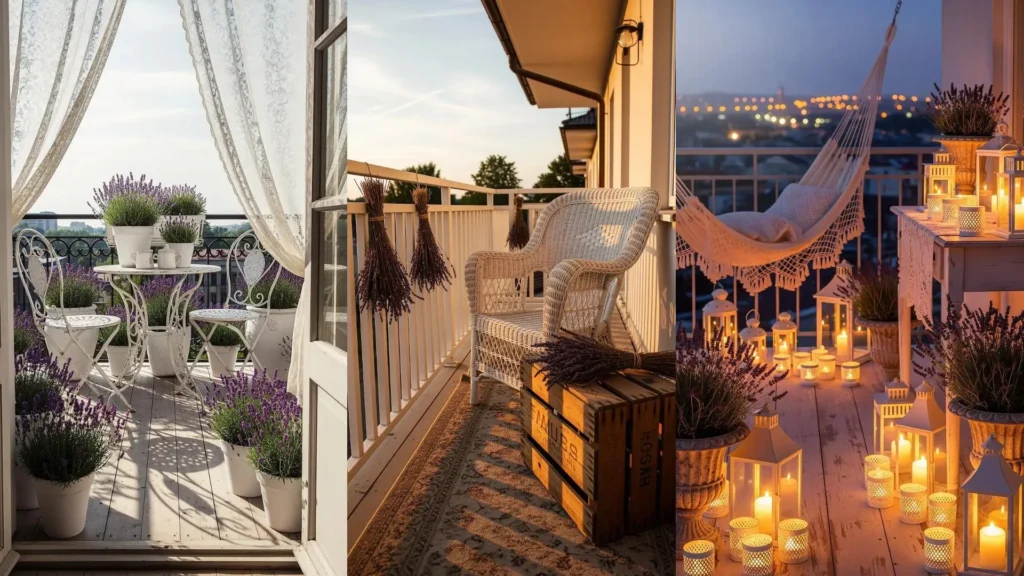 Tre balconi shabby chic con mobili bianchi decapati, cespi di lavanda e luci soffuse per un'atmosfera rilassante.
