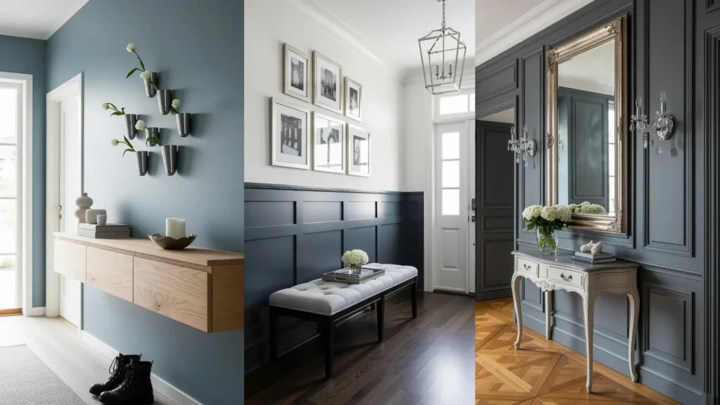 Tre ingressi eleganti con pareti scure, mobili chiari e dettagli metallici. Forte contrasto per un design moderno.