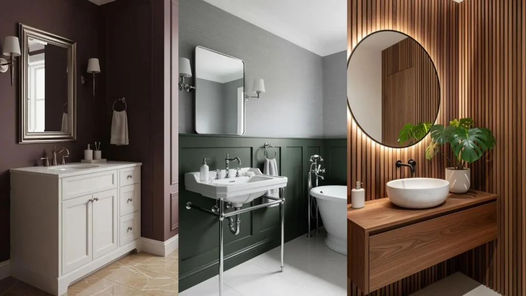 Bagni con pareti scure, lavabi bianchi e dettagli metallici raffinati creano contrasti eleganti e moderni.