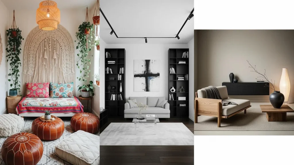 Tre mini salotti accoglienti con mobili salvaspazio intelligenti: design boho, moderno e minimalista.