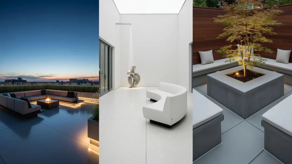 Patii moderni con divani minimal, pavimenti in cemento e luci LED dirette, esaltando la modernità lineare del design.