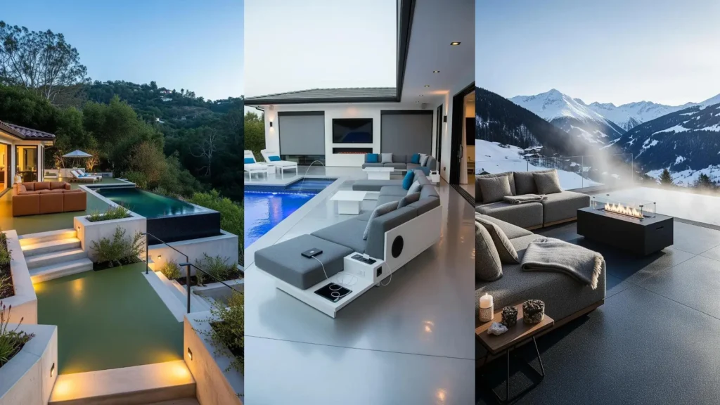 Lussuosi patii moderni con piscina a sfioro, divani modulari e pavimenti in resina colorata, perfetti per il relax.