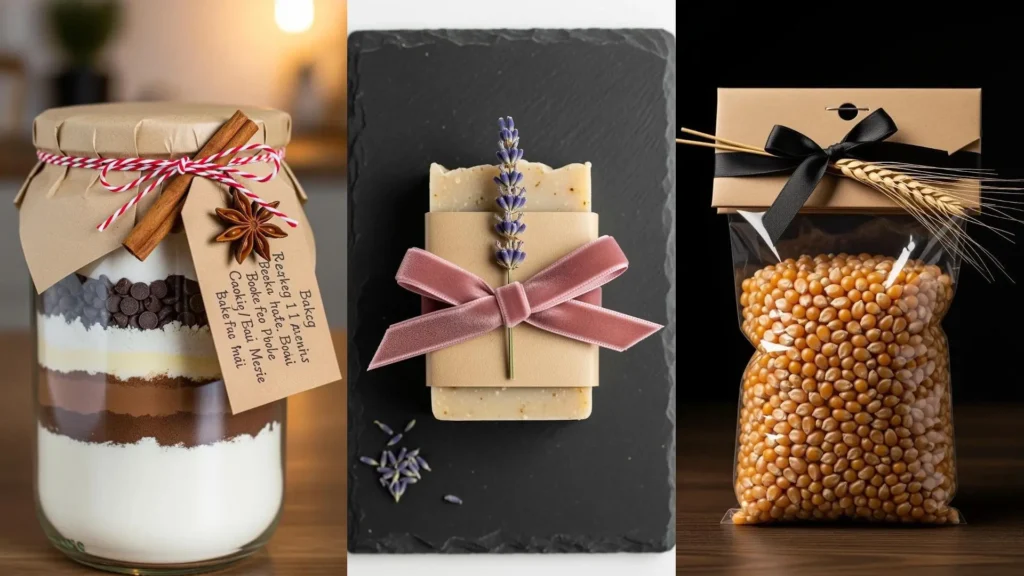 Tre regali fatti a mano con carta kraft, nastri eleganti e decorazioni floreali come lavanda, cannella e spighe di grano.
