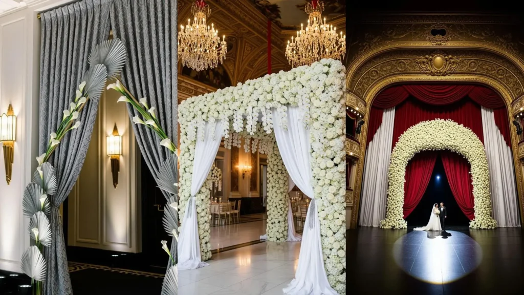 Magnifiche scenografie nuziali con archi di fiori bianchi e drappi di seta per un ingresso principesco.
