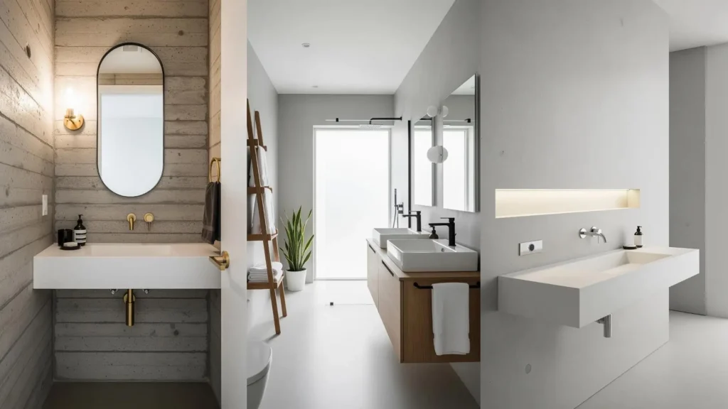 Interno di un bagno moderno con parete effetto cemento grigio e eleganti lavabi sospesi bianchi, rubinetteria scura e specchi.