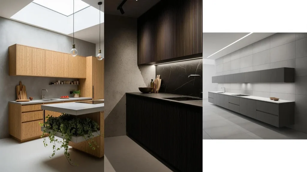 Tre cucine in stile industrial minimal con pareti effetto cemento e mobili sospesi moderni.