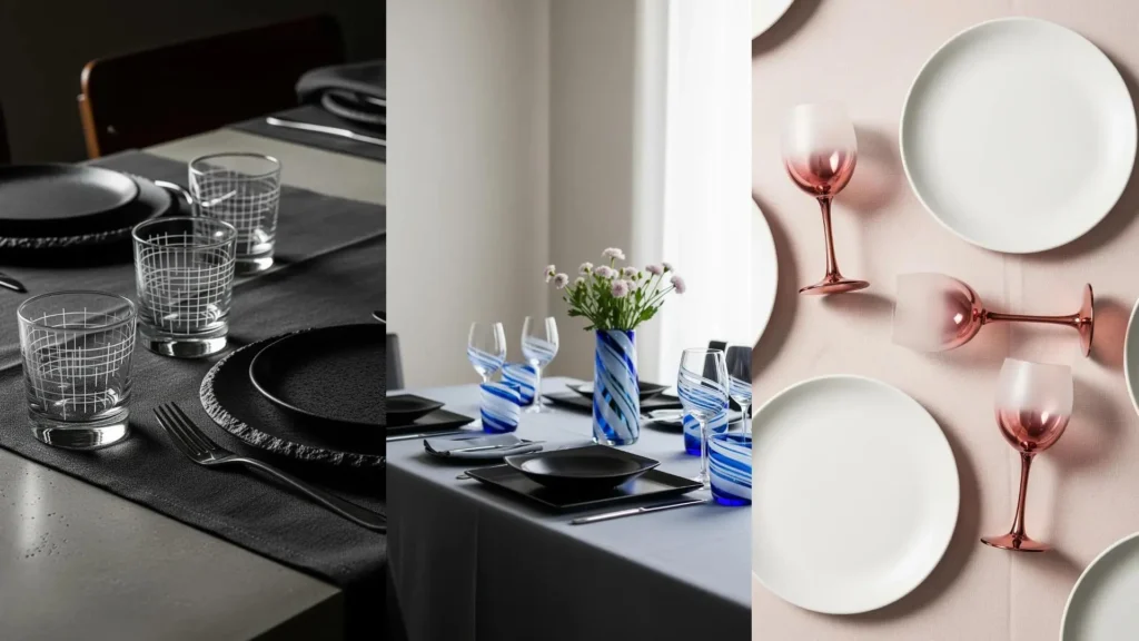 Tavole eleganti per aperitivi con tovaglie minimaliste, piatti moderni neri e bianchi, e bicchieri decorati. Perfetto per idee di stile.