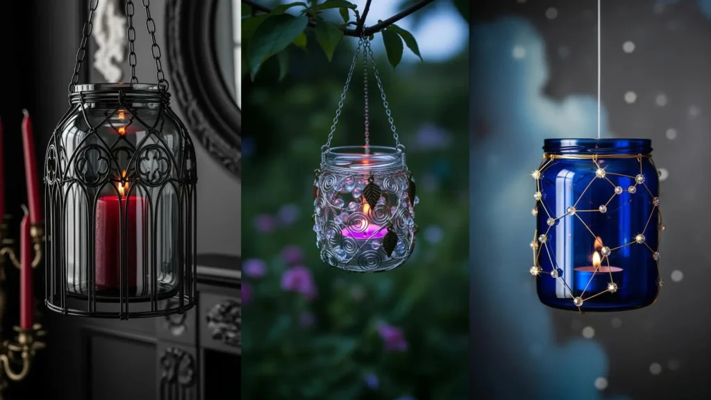 Vari portacandele sospesi fai da te realizzati con barattoli di vetro decorati con fili metallici, illuminati da candele.
