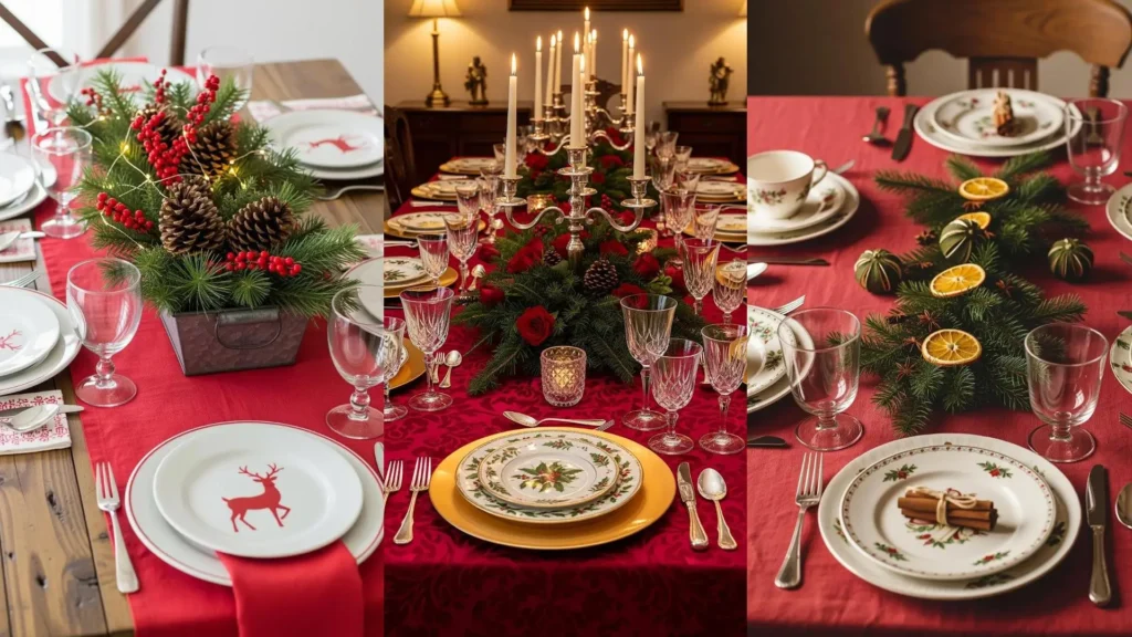 Tre tavole di Natale tradizionali con tovaglie rosse, piatti decorati e centrotavola di pino e bacche.
