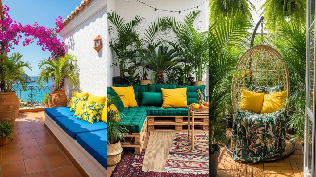 Balconi tropicali vivaci con palme lussureggianti, tessuti colorati in blu, giallo e verde, e vista mare per un'oasi di relax.