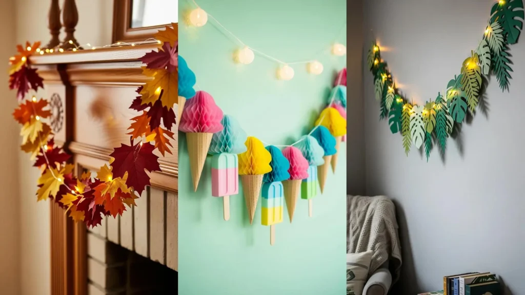Ghirlande di carta fai da te, festoni colorati e luci sospese decorano pareti per celebrazioni intime.