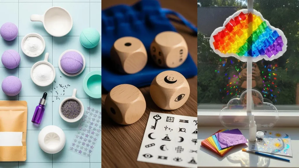 Regali fai da te per bambini: giochi creativi con dadi in legno, adesivi colorati e dolcetti profumati.