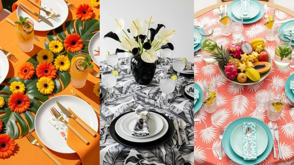 Tre tavole per compleanni estivi con tovaglie colorate, fiori tropicali vivaci e drink esotici decorati.