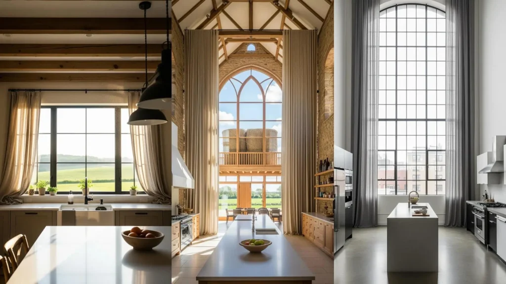 Cucine inondate di luce naturale da grandi finestre con tende in lino. Ambienti moderni e luminosi, dal design accogliente.