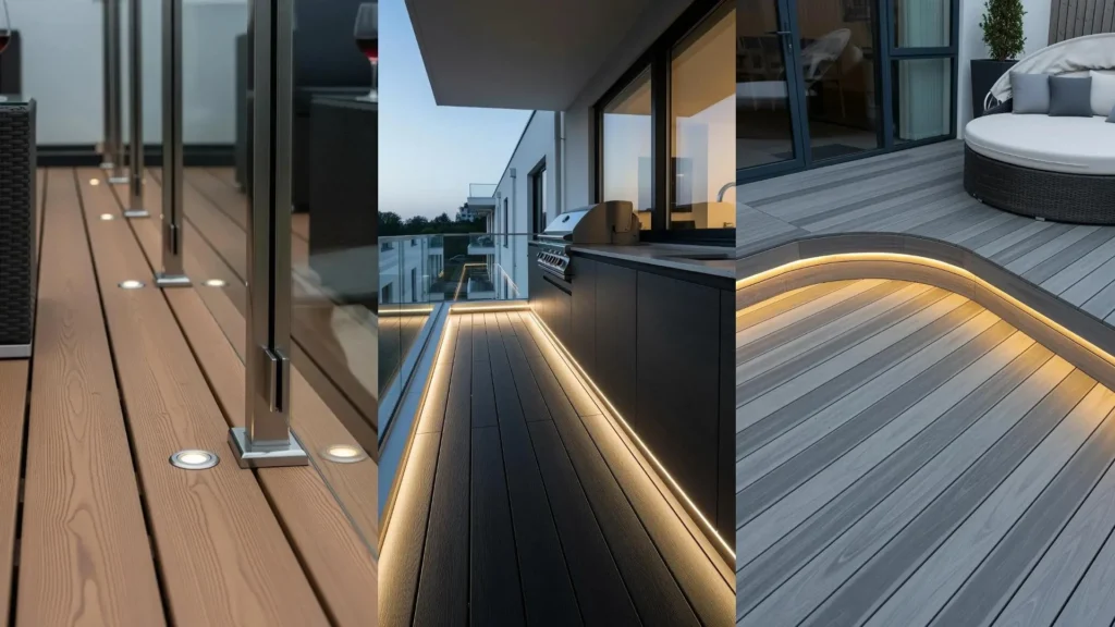 Balconi moderni con pavimenti in legno composito di diverse tonalità e illuminazione integrata, creando ambienti esterni eleganti.