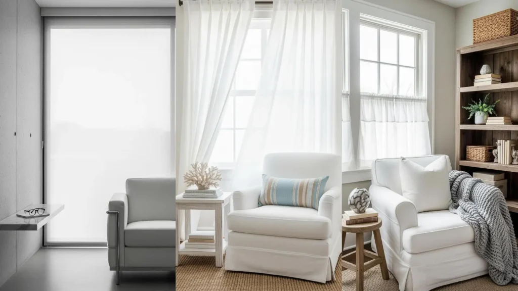 Angoli lettura ariosi con poltrone bianche, tende leggere e luce naturale filtrata, perfetti per un'atmosfera serena e rilassante.