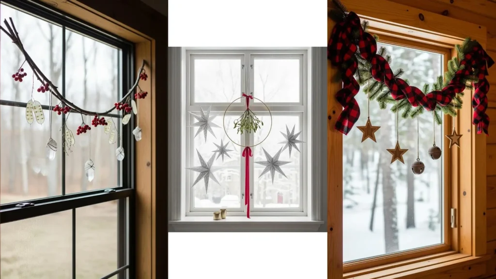 Tre finestre decorate con ghirlande, cristalli scintillanti, fiocchi di carta e bacche per una magia fai-da-te.