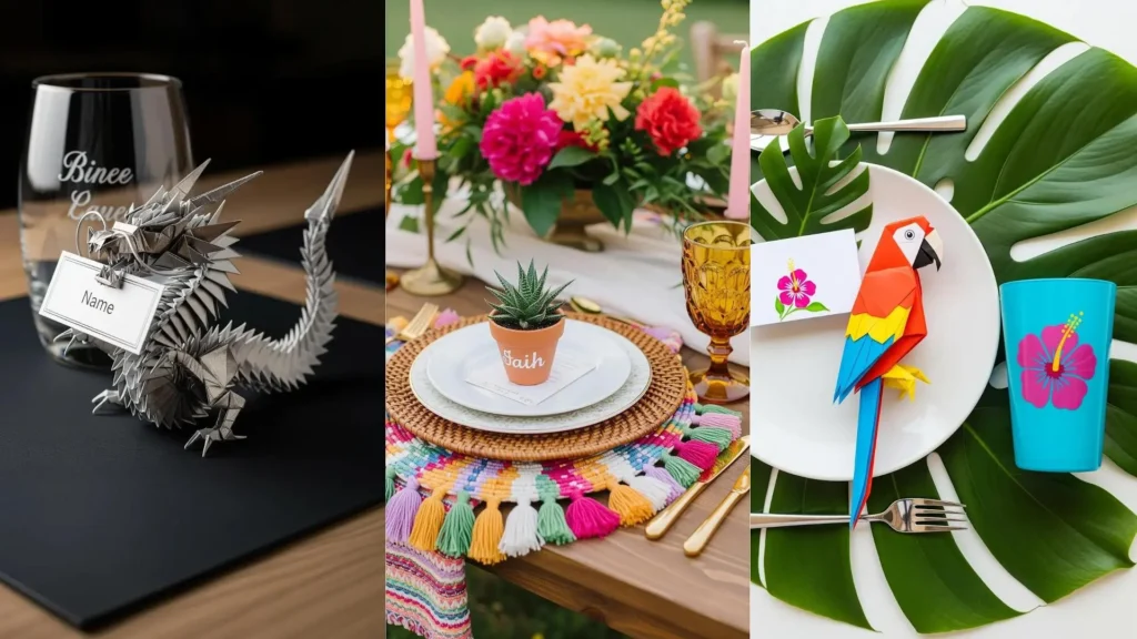 Tavole decorate con tovagliette fatte a mano, segnaposto creativi come origami e bicchieri personalizzati, ideali per ogni evento.