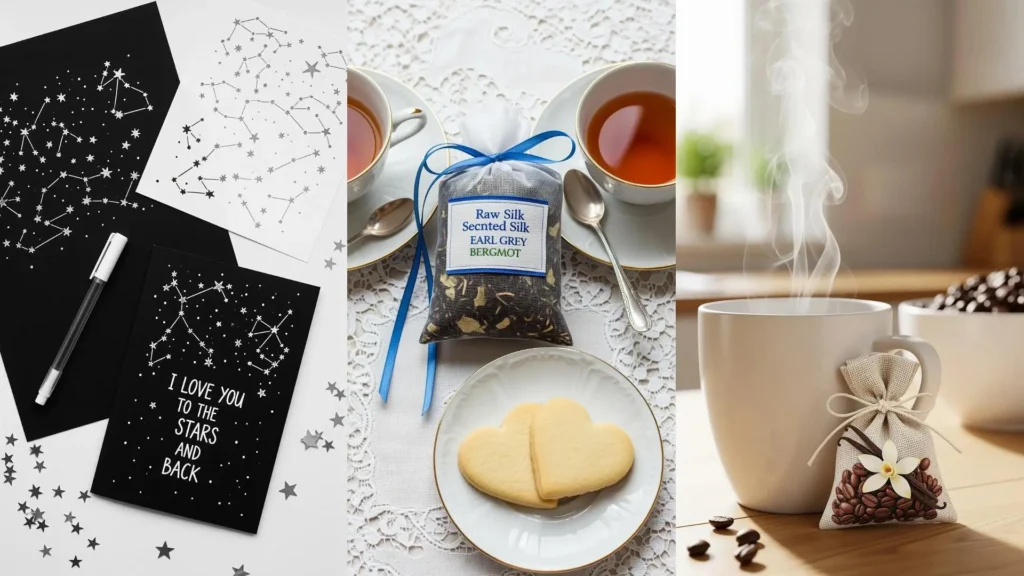 Regali di San Valentino con bustine profumate, biscotti a cuore e romantici biglietti stellati. Idea dolce.