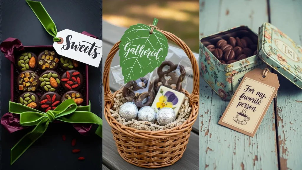 Sorprese dolci: cioccolatini fatti in casa, bustine decorate e etichette calligrafate. Ideale per regali speciali e unici.
