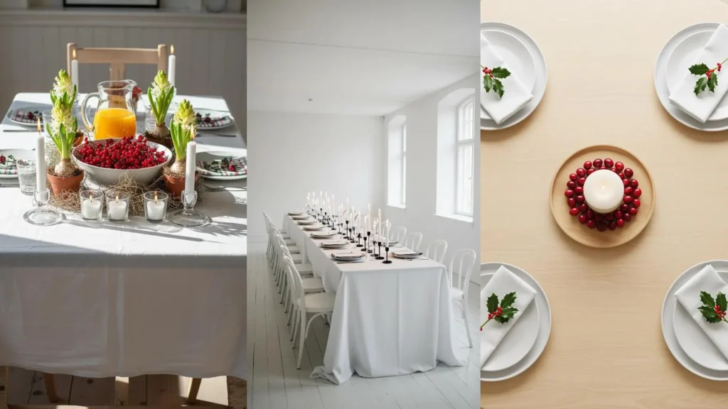 Allestimenti natalizi scandinavi: tavoli con tovaglie bianche, candele minimal, legno naturale e decorazioni rosse.