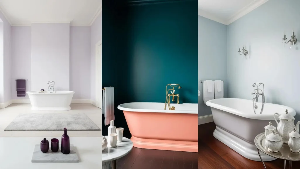 Tre bagni pastello con vasche retro eleganti e accessori in ceramica delicata che creano un'atmosfera rilassante.