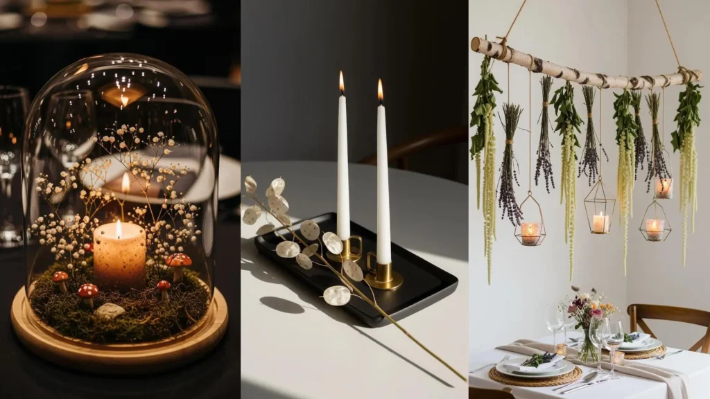 Centrotavola handmade con fiori secchi e candele accese, ideali per cene romantiche e un'atmosfera magica.