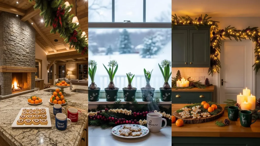 Cucine natalizie decorate con biscotti, agrumi freschi e tazze personalizzate, per un'atmosfera calda e festosa.