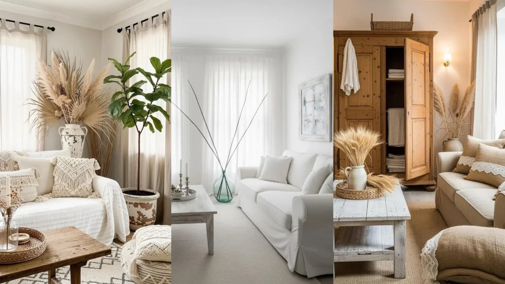 Soggiorni shabby chic con mobili decapati, fiori secchi in vasi e tende leggere bianche che creano un'atmosfera rilassante.