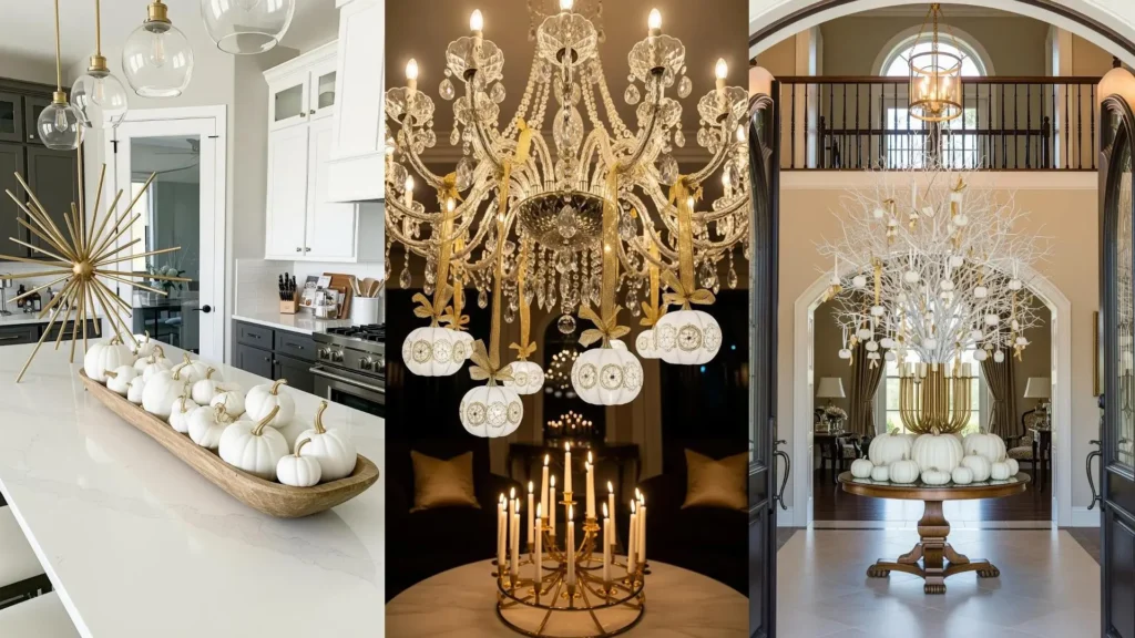 Zucche bianche e oro decorate per Halloween con eleganti candelabri e allestimenti scenografici chic.