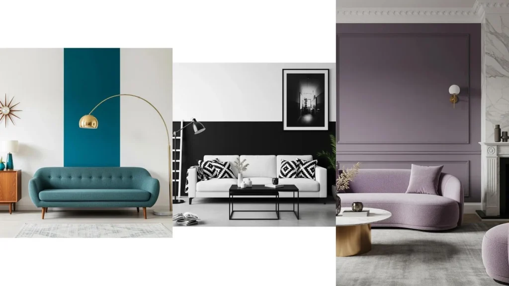 Salotti contemporanei con divani coordinati e pareti colorate, mostrando design moderni e accoglienti.