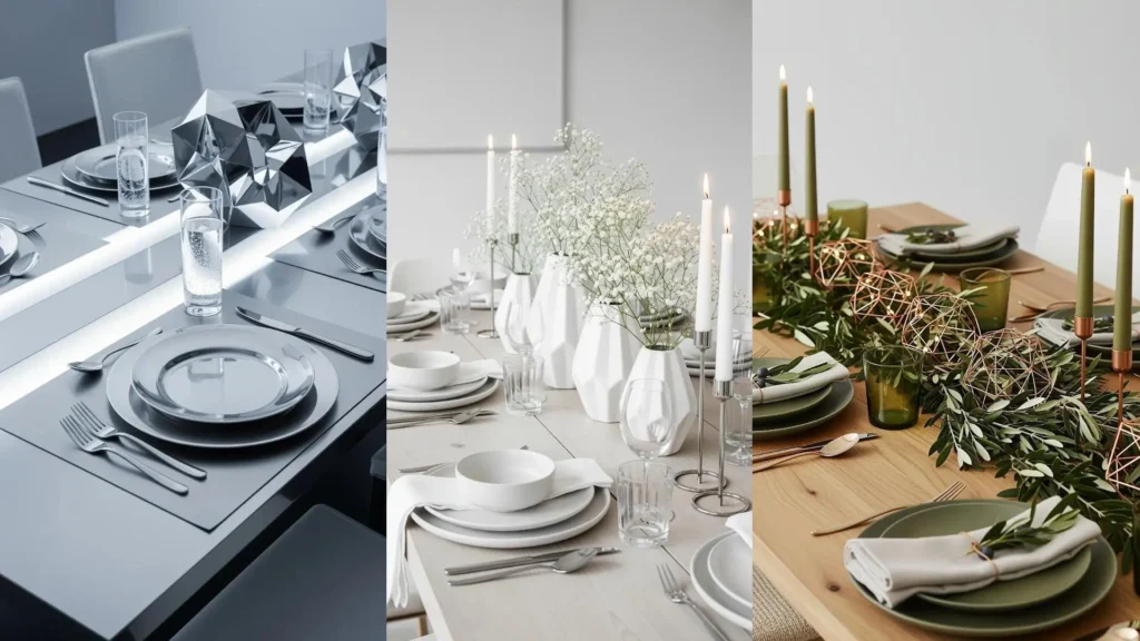 Tavole di Natale moderne con palette monocromatiche, decorazioni geometriche e luci soffuse. Perfette per le feste.