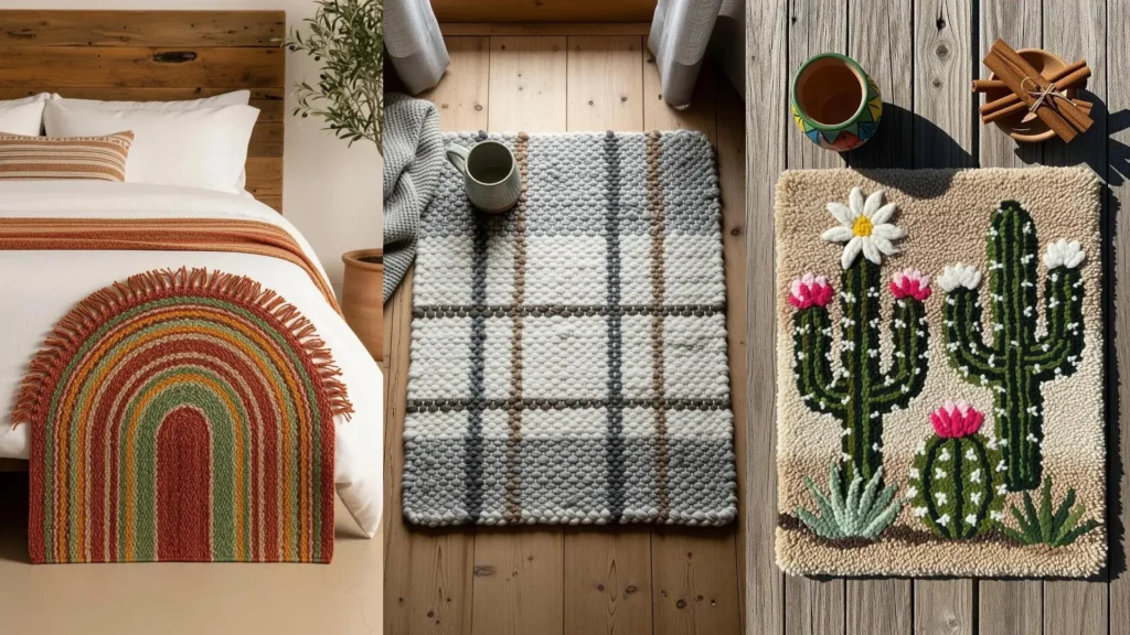 Tre tappeti piccoli decorativi, intrecciati a mano con fili di lana colorati, in diversi stili: arcobaleno, a quadri e a forma di cactus.