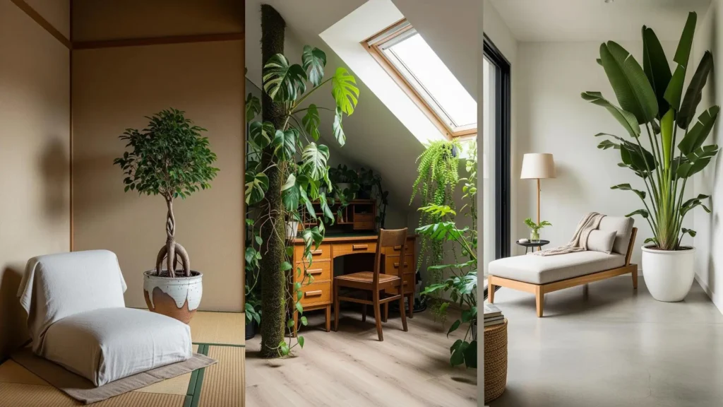 Angoli reading jungle con piante da interno giganti come Monstera e Strelitzia, e arredo naturale in legno, per oasi di relax.
