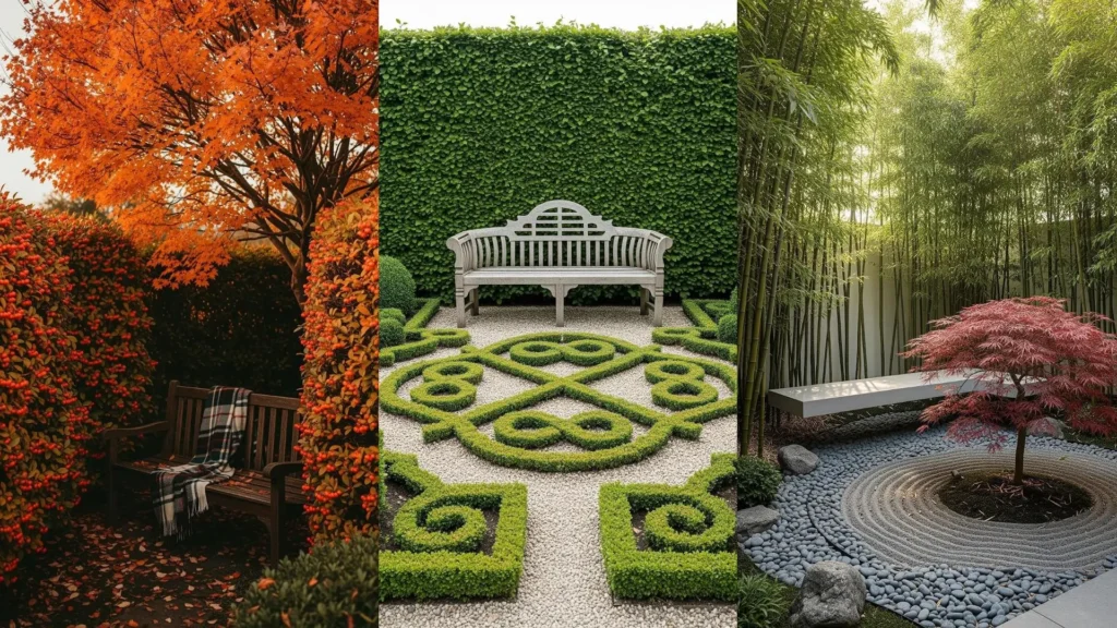 Panoramica di giardini segreti con panchine nascoste, alte siepi e angoli tranquilli perfetti per la lettura.