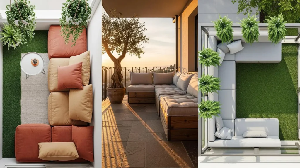 Tre balconi moderni con divanetti modulari in diversi stili e piante artificiali rigogliose per idee di design salvaspazio.
