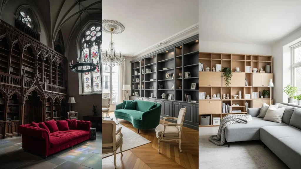 Tre salotti diversi con librerie a tutta parete e comodi divani, perfetti per ore di lettura e relax.