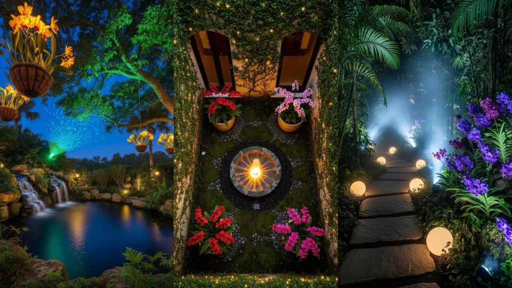Giardino esotico tropicale con orchidee illuminate, cascate decorative e luci colorate per un'atmosfera magica.