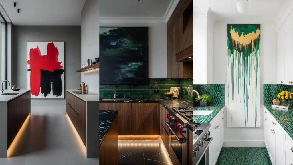 Tre cucine d'impatto con grandi quadri astratti e piastrelle monocromatiche coordinate. Design moderno e colori vivaci.