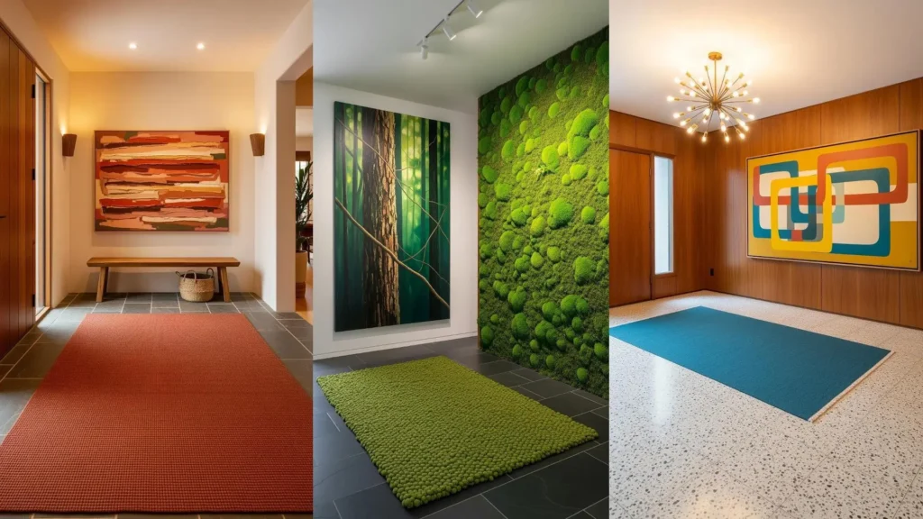 Tre ingressi moderni con quadri astratti giganti e tappeti monocromatici in rosso, verde e blu, per ispirazioni artistiche.