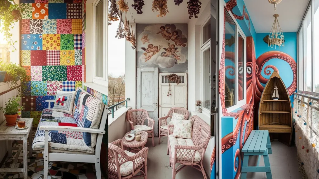 Balconi artistici decorati con murales dipinti a mano (polpo, angeli, patchwork) e mobili riciclati, per idee creative di design.