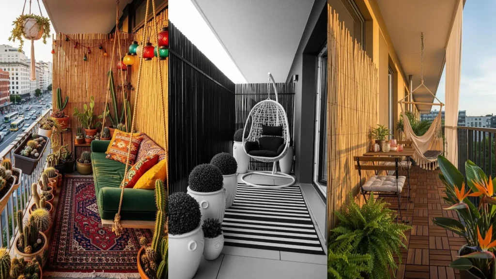 Tre balconi urbani moderni con sedute sospese, pareti di bambù e piante esotiche per un'atmosfera rilassante in città.