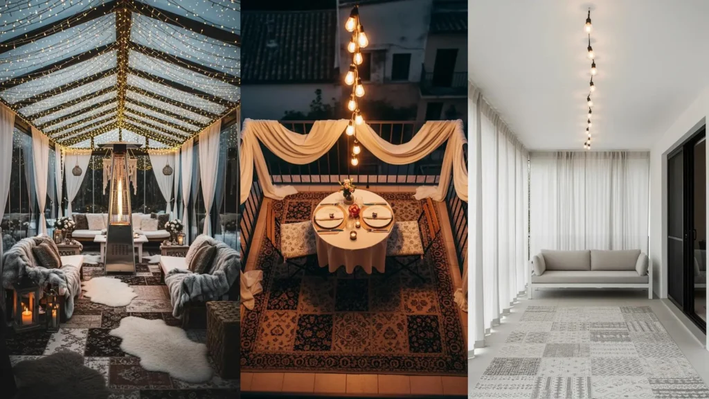 Atmosfera bohemien con tappeti patchwork, tende leggere e fili di luci sospese per notti da sogno all'aperto.
