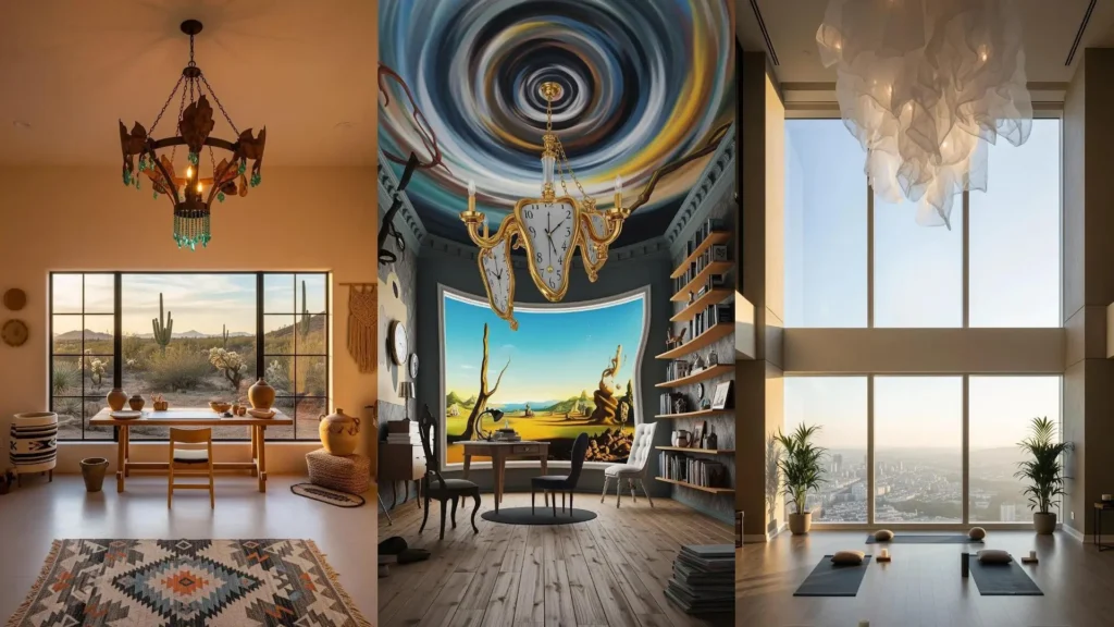 Tre studi scenografici con soffitti alti, lampadari unici e finestre panoramiche su deserto, città e paesaggi surreali.