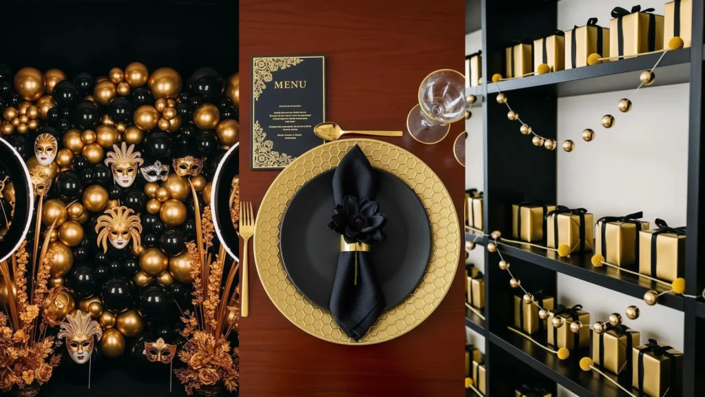 Matrimonio black gold: palloncini metallici oro e nero, eleganti allestimenti da tavola e decorazioni floreali esotiche.