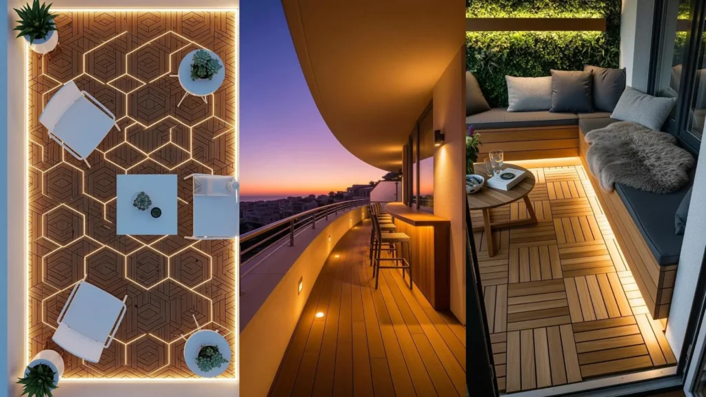 Diversi balconi moderni con pavimenti in legno e luci integrate creano un'atmosfera calda e accogliente.