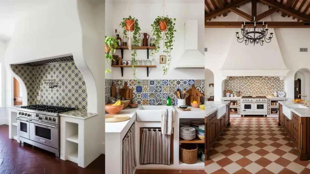 Cucina mediterranea luminosa con pareti bianche, piastrelle maioliche colorate e dettagli in terracotta.