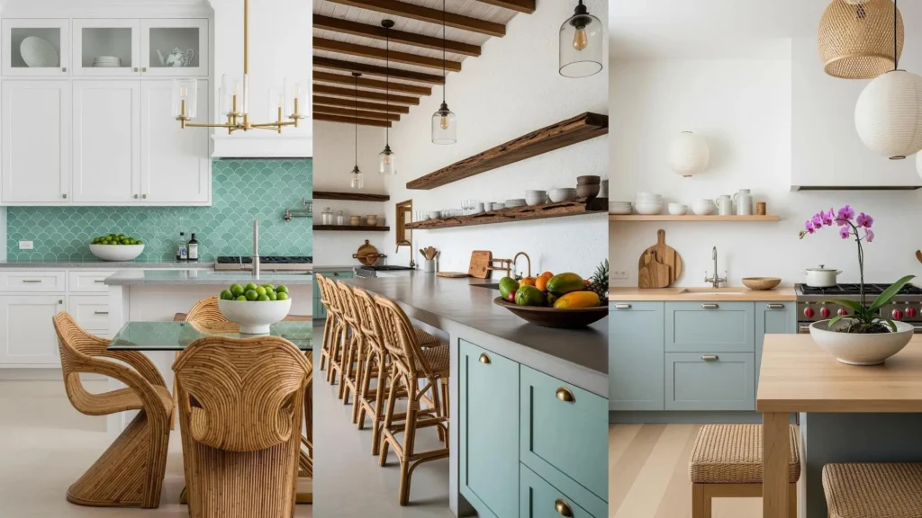 Diverse cucine tropicali con sedie in rattan, mobili verde acqua e piastrelle a scaglie per un'atmosfera esotica.